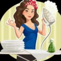 Kreskówkowa kobieta z brązowymi włosami i czerwoną opaską, ubrana w niebieską sukienkę, trzyma żelazko w prawej ręce i wykonuje gest OK lewą ręką; obok niej stos białych talerzy i zielony spryskiwacz.