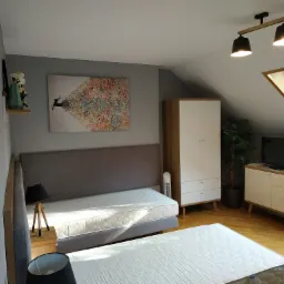 Pokój na poddaszu z dwoma łóżkami, szafą, komodą pod telewizorem, oknem dachowym i nowoczesnym oświetleniem.