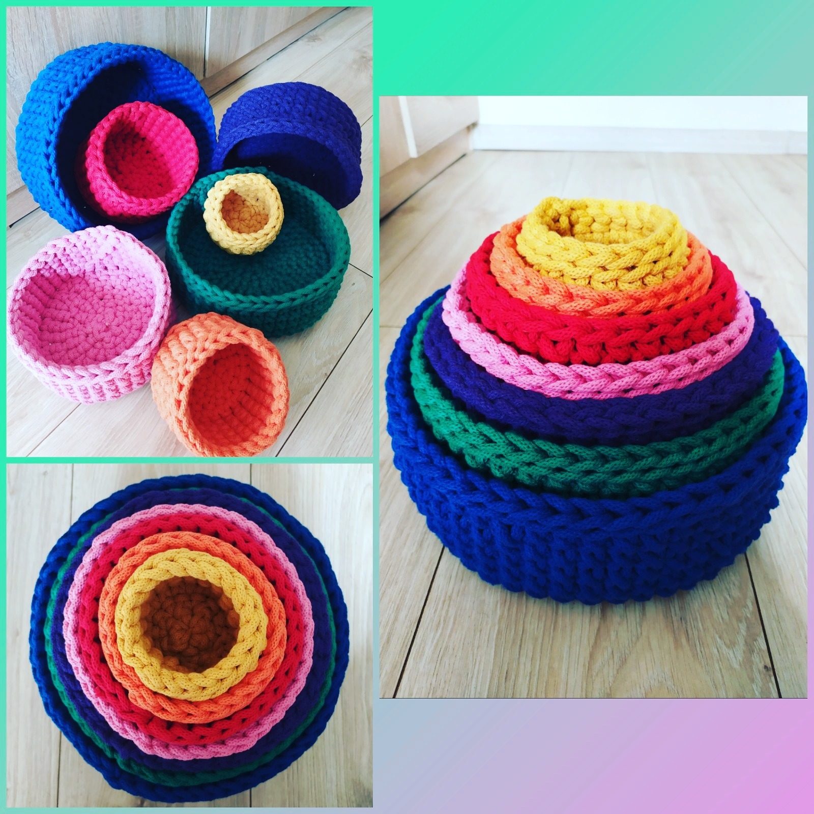 Zestaw kolorowych koszyków ze sznurka bawełnianego