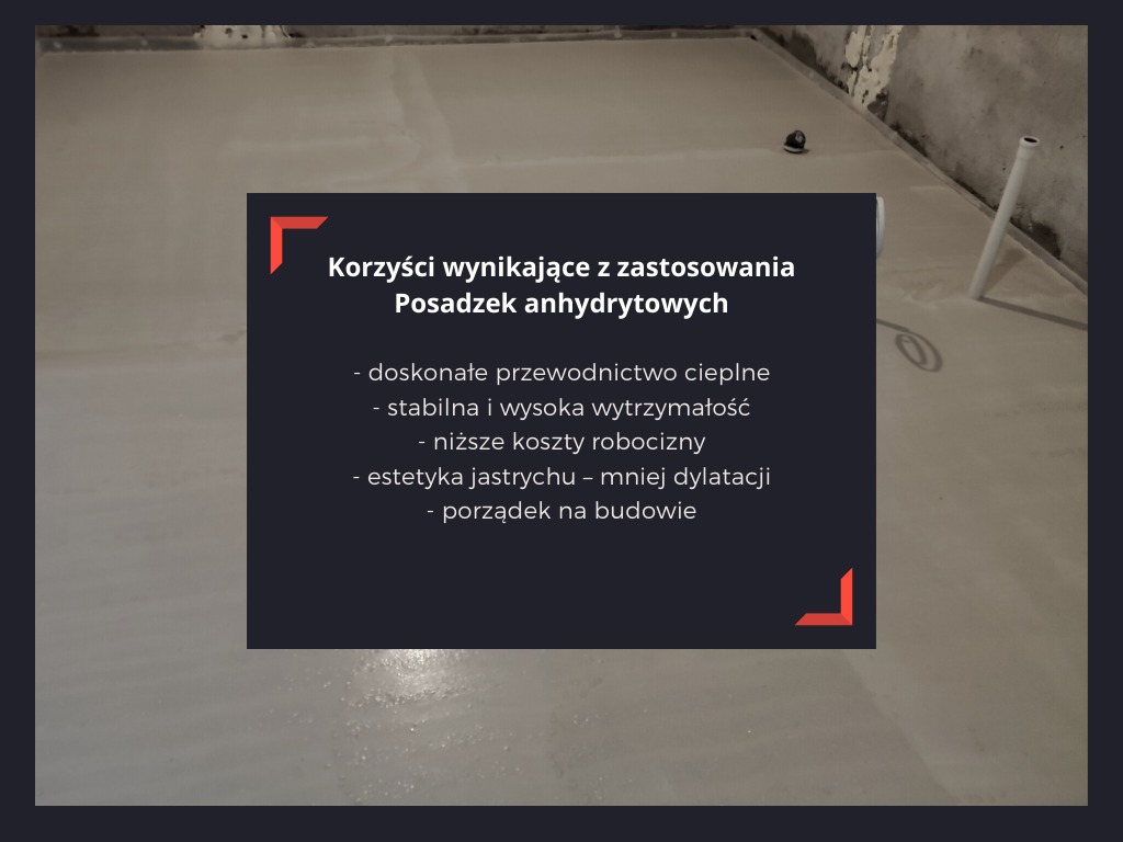 Świeżo wylana, gładka posadzka anhydrytowa, z widocznymi elementami instalacji i ciemną ścianą w tle, prezentowana z nakładką graficzną opisującą zalety materiału.