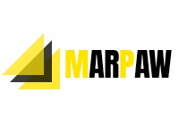 Logo firmy MARPAW z dwoma nakładającymi się żółtymi trójkątami po lewej stronie i czarnym napisem MARPAW po prawej, na białym tle.