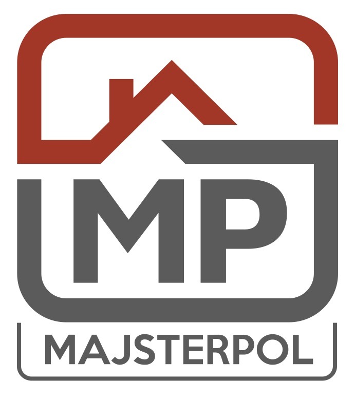 Logo firmy Majsterpol z motywem domu w kolorach czerwieni i szarości.