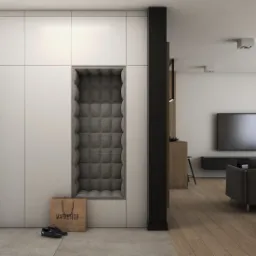 Nowoczesne wnętrze z wnęką wykończoną tapicerowanym panelem ściennym, obok torba zakupowa i para butów.