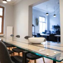 Nowoczesna sala konferencyjna z długim stołem z blatem z drewna i szkła, otoczonym szarymi krzesłami. W tle widoczne biuro z oknem i lampami wiszącymi.