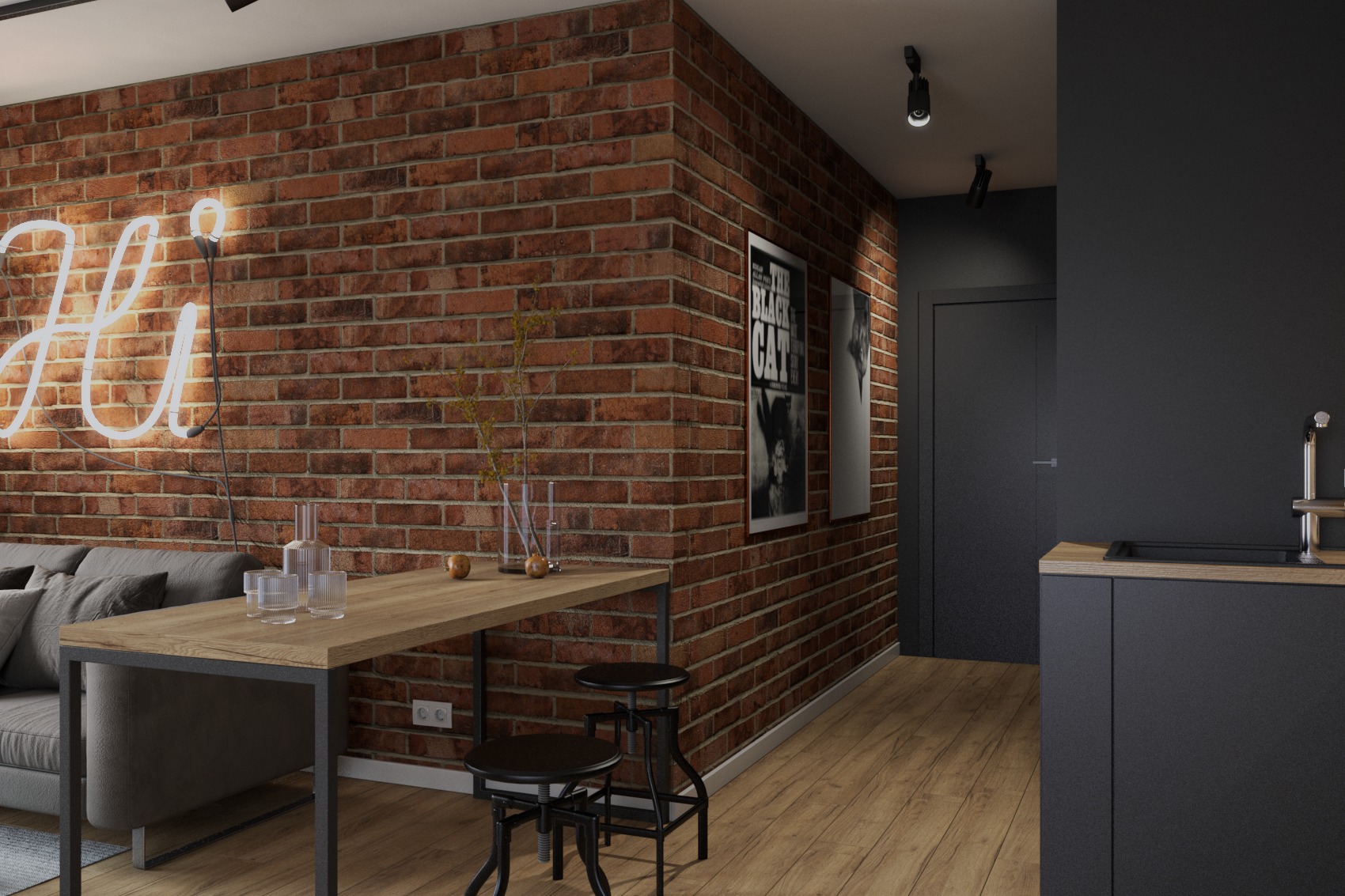 Loftowe wnętrze z ceglaną ścianą, neonowym napisem 'Hi', drewnianym blatem i minimalistyczną kuchnią w kolorze grafitowym.