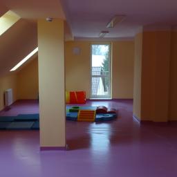 OLIWIA - Jasne wnętrze sali zabaw na poddaszu z fioletową podłogą, żółtymi ścianami i kolumnami, z oknem w tle i kolorowymi elementami wyposażenia.