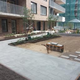 ADDO Sp. z o.o. - Świeżo ułożona, jasnoszara kostka brukowa prowadzi przez teren budowy nowego osiedla; widoczna taczka z kostką, rabaty z sadzonkami i budynek w rusztowaniach.