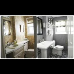 Porównanie dwóch łazienek: jedna z beżowymi ścianami i drewnianą szafką pod umywalką, druga z szarymi płytkami mozaikowymi, postumentem umywalkowym i wzorzystą podłogą.