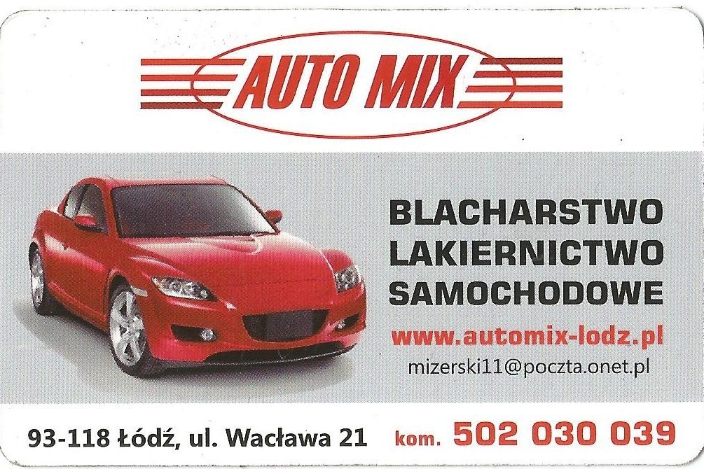 Wizytówka firmy Auto Mix z Łodzi oferującej blacharstwo i lakiernictwo samochodowe, prezentująca czerwony sportowy samochód Mazda RX-8.