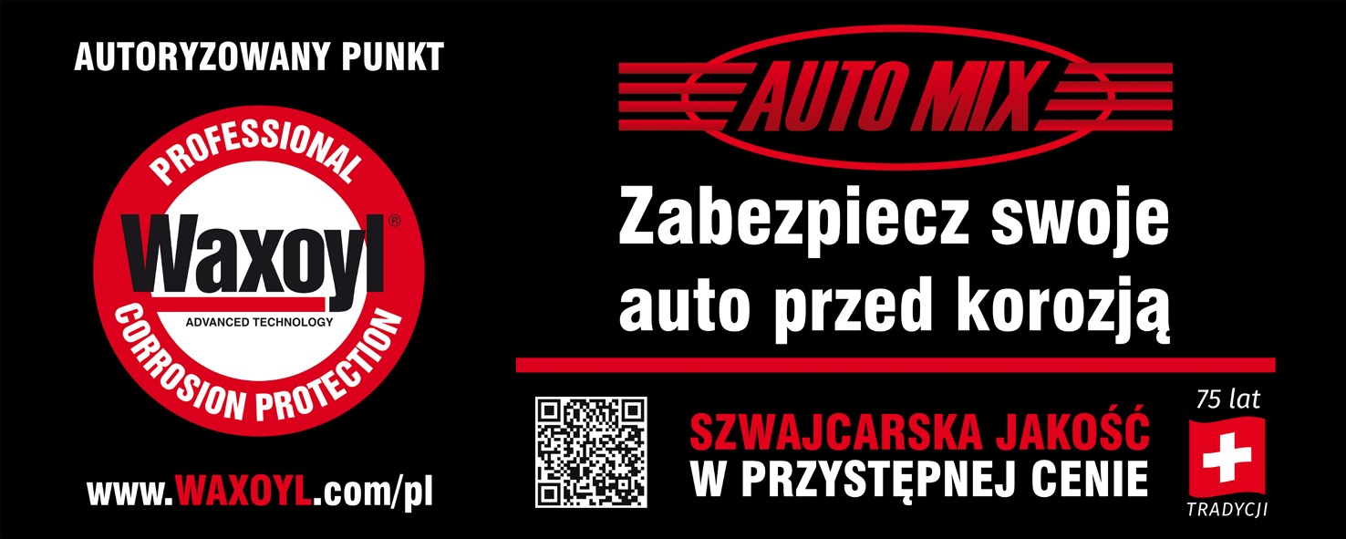 Reklama Auto Mix i Waxoyl, informująca o zabezpieczeniu auta przed korozją, z QR kodem i hasłem o szwajcarskiej jakości w przystępnej cenie, obchodząca 75 lat tradycji.