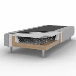 Przekrój poprzeczny tapicerowanego łóżka z widoczną konstrukcją ramy z drewna, sprężynami, pianką i szarą tkaniną obiciową, wspartego na przezroczystych nóżkach.