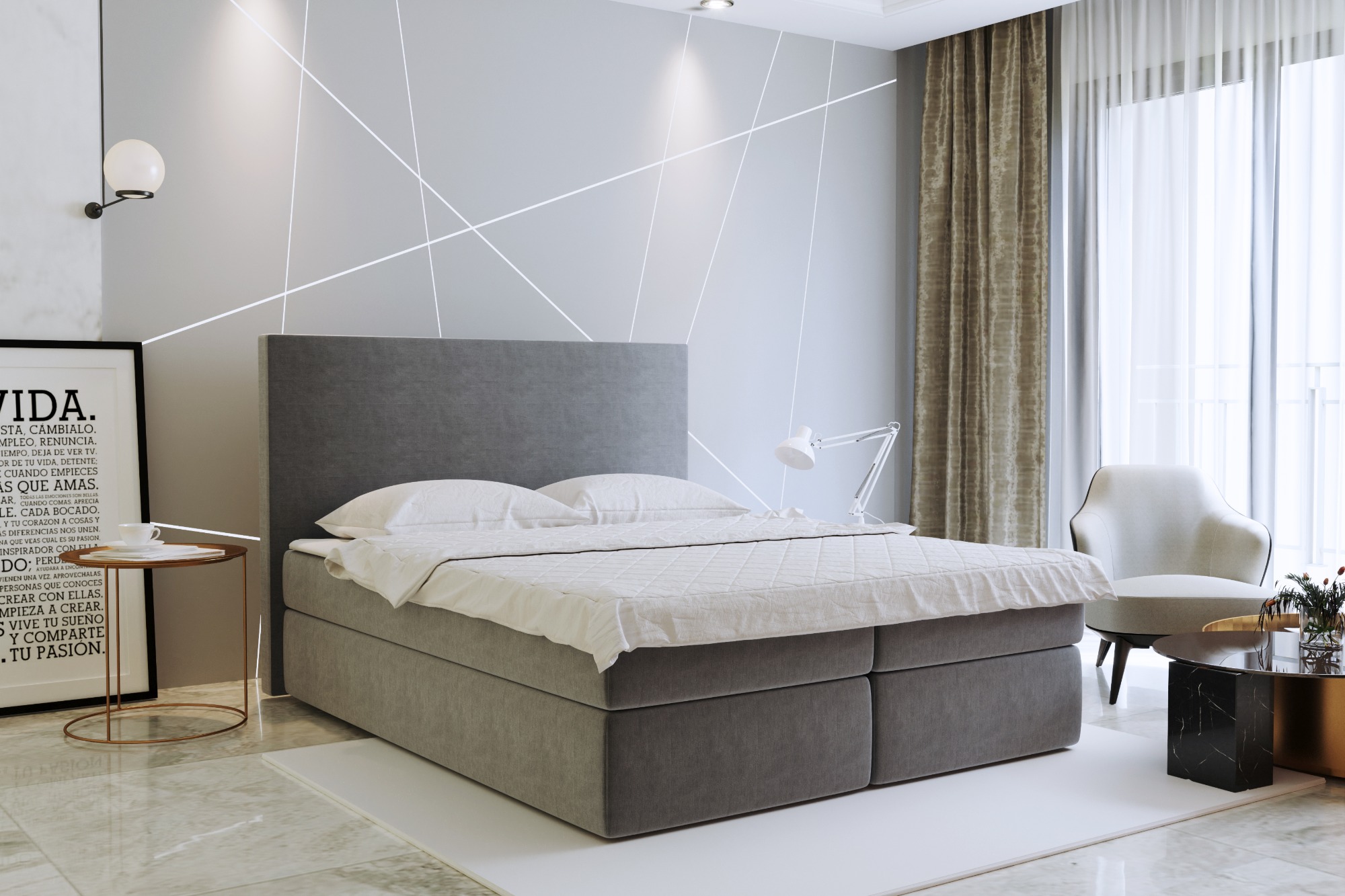 Nowoczesna sypialnia z szarym łóżkiem kontynentalnym, geometrycznymi wzorami na ścianie, marmurową podłogą i designerskim oświetleniem.