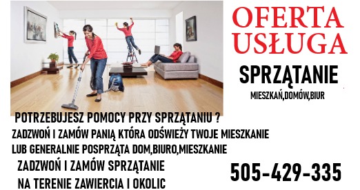 Ilustracja przedstawia zespół osób wykonujących różne czynności porządkowe w przestronnym, jasnym wnętrzu: odkurzanie podłogi, wycieranie kurzu z obrazu, sprzątanie z drabiny, praca na laptopie...