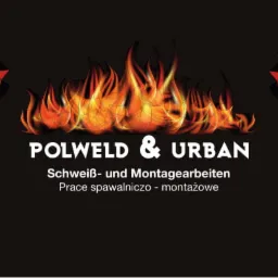 Grafika firmowa: logo 'POLWELD & URBAN' z płomieniami i napisem 'Schweiss- und Montagearbeiten' oraz 'Prace spawalniczo - montażowe' na czarnym tle z abstrakcyjnymi czerwono-pomarańczowymi wzorami...