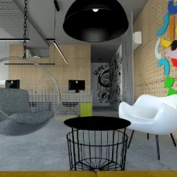 Nowoczesne biuro z huśtawką-fotelem, białym krzesłem i czarnym stolikiem na tle ściany z kolorowymi dekoracjami geometrycznymi i perforowanej płyty.