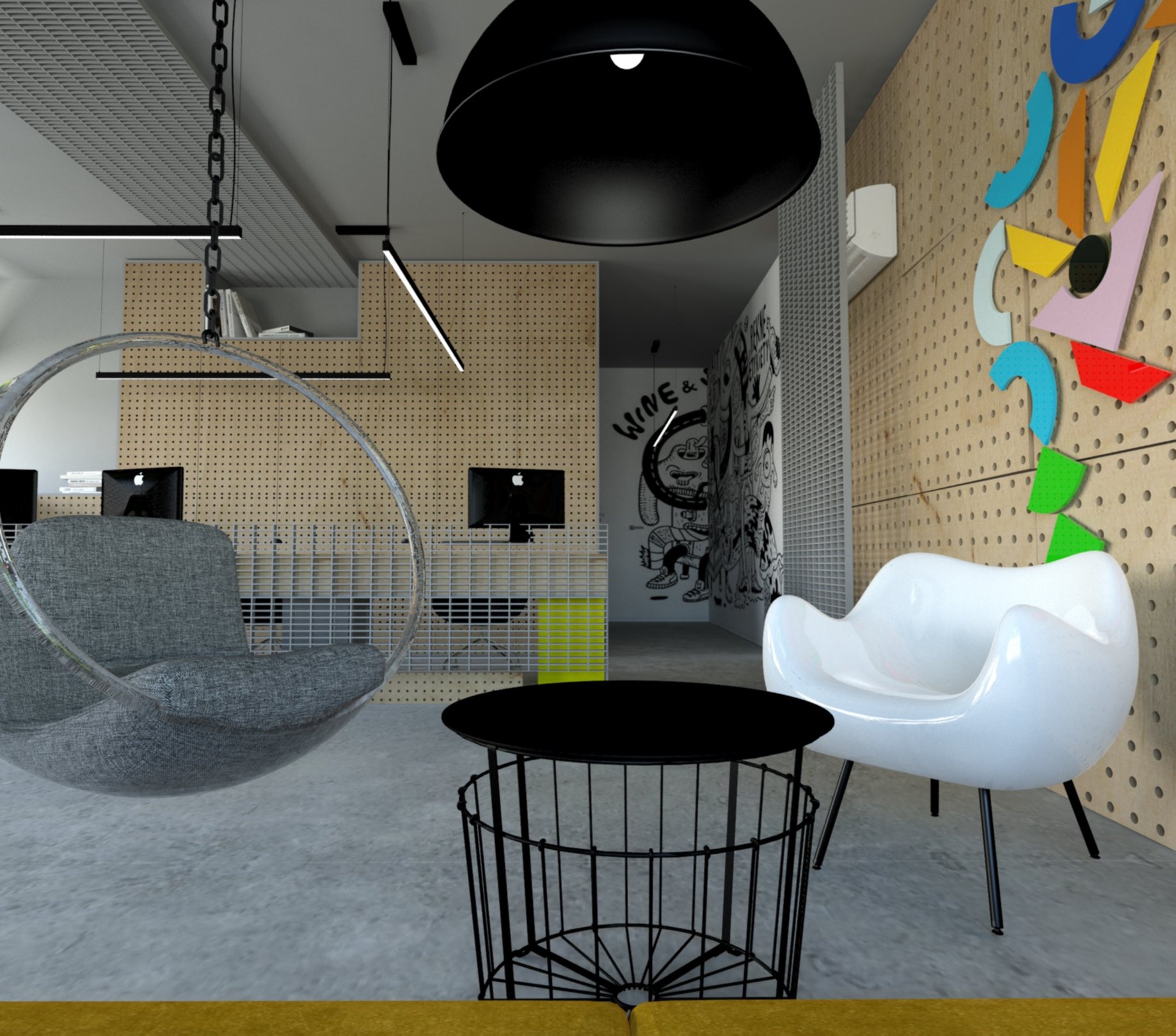 Nowoczesne biuro z huśtawką-fotelem, białym krzesłem i czarnym stolikiem na tle ściany z kolorowymi dekoracjami geometrycznymi i perforowanej płyty.