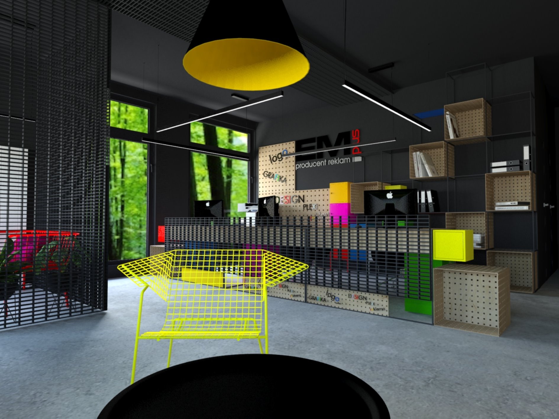 Wizualizacja biura w ciemnej kolorystyce z żółtymi akcentami, widok na stanowiska pracy, ażurową ściankę działową i bujną zieleń za oknem.