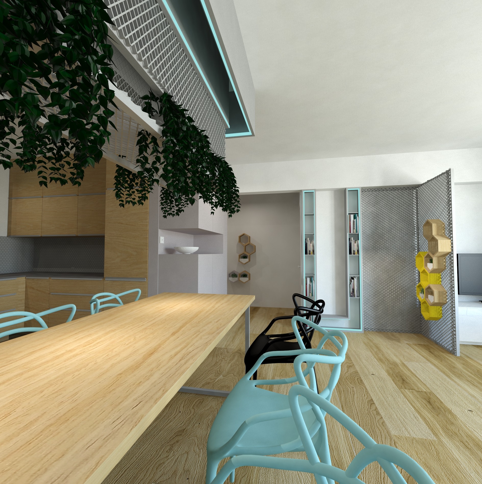 Wnętrze z elementami drewna: długa, jasna drewniana lada, turkusowe krzesła, drewniane szafki kuchenne, wiszące rośliny i dekoracyjne półki w kształcie plastra miodu.