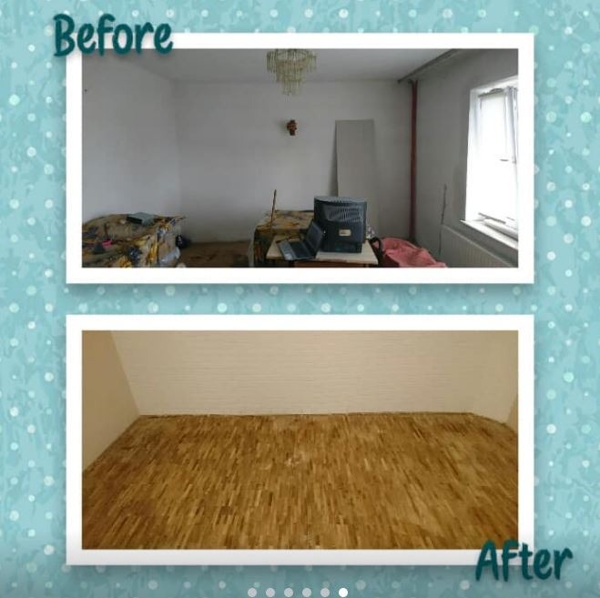 Porównanie stanu pokoju przed i po: zagracone wnętrze z tapetą i starym parkietem kontra odnowione pomieszczenie z jasnymi ścianami i świeżo ułożonym parkietem.