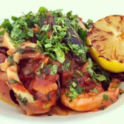 Aromatyczne owoce morza w sosie pomidorowym, posypane świeżą pietruszką i podane z grillowaną cytryną na białym talerzu.