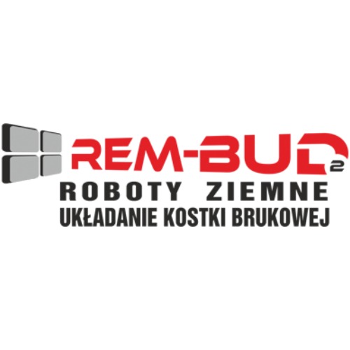 Logo firmy Rem-Bud z napisem 'Roboty Ziemne Układanie Kostki Brukowej' na białym tle. Czerwono-czarna kolorystyka, nowoczesny font.