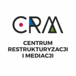 Logo firmy CRM - Centrum Restrukturyzacji i Mediacji. Czarny napis CRM z kolorowymi akcentami w literach, poniżej napis CENTRUM RESTRUKTURYZACJI I MEDIACJI.