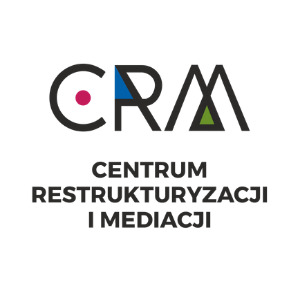 Logo firmy CRM - Centrum Restrukturyzacji i Mediacji. Czarny napis CRM z kolorowymi akcentami w literach, poniżej napis CENTRUM RESTRUKTURYZACJI I MEDIACJI.