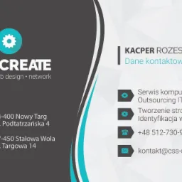 Wizytówka firmy CSS CREATE z Nowego Targu i Stalowej Woli, oferującej serwis komputerowy, outsourcing IT oraz tworzenie stron www i identyfikację wizualną. Kontakt telefoniczny i mailowy.