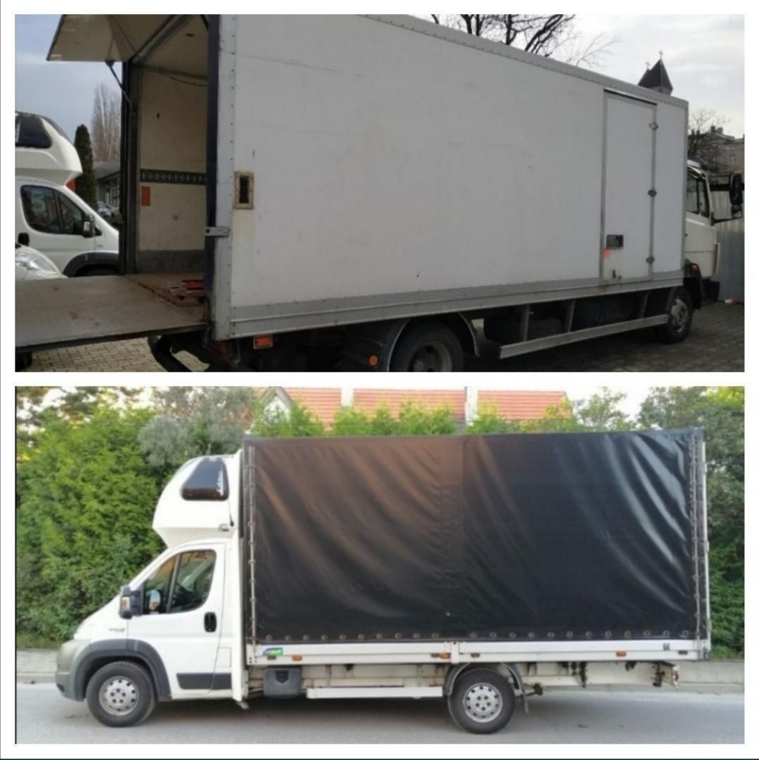 Dwa różne samochody dostawcze z Łodzi: biały bus z plandeką i otwarty biały samochód ciężarowy z windą załadowczą.