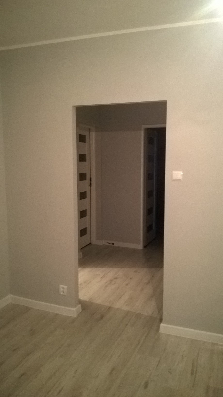 Wnętrze po remoncie: szare ściany, panele podłogowe imitujące drewno, widoczne dwie białe drzwi z przeszkleniami w głębi pomieszczenia.