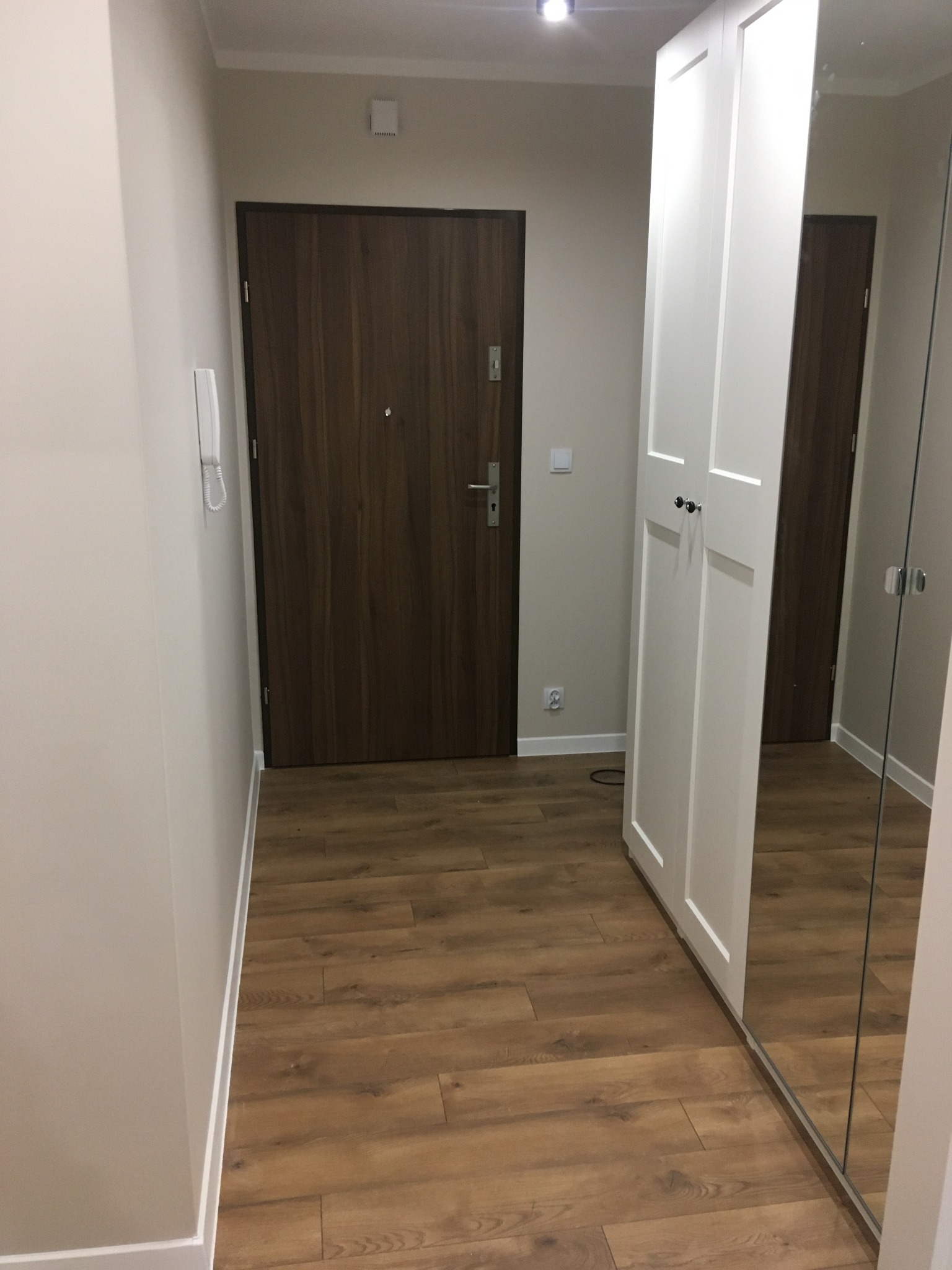 Wnętrze korytarza z drewnianą podłogą, brązowymi drzwiami wejściowymi i białą szafą z lustrami, oświetlone punktowym światłem na suficie.