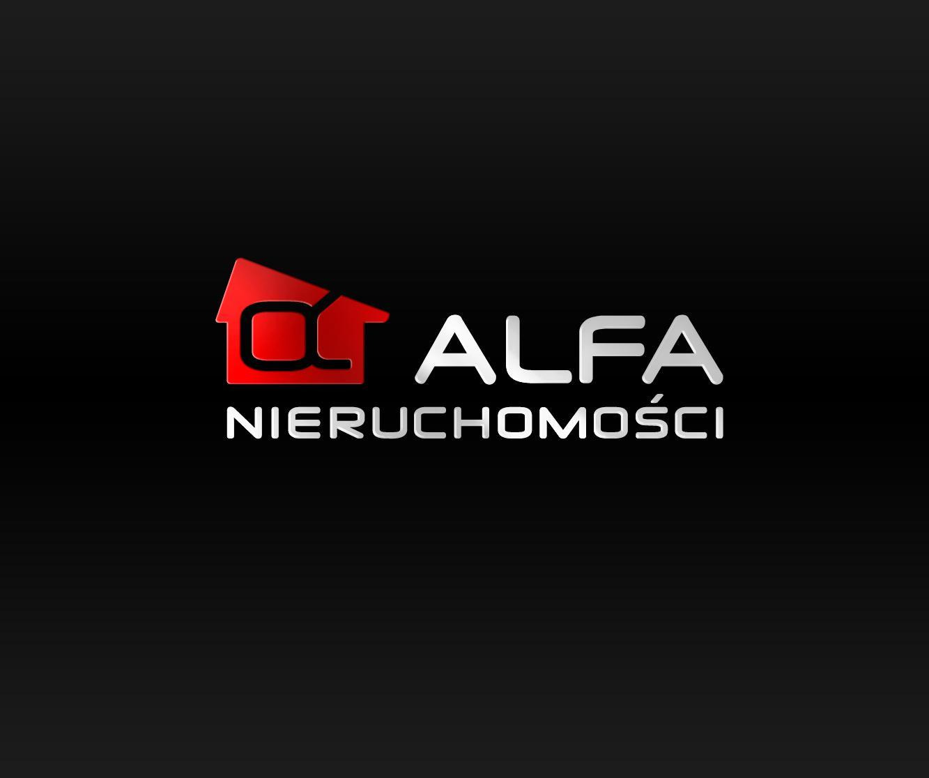 Logo firmy Alfa Nieruchomości z czerwonym symbolem domu po lewej stronie, na czarnym tle.