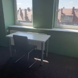 Pomalowane na zielono biuro z biurkiem i krzesłem, widok z okna na budynki z czerwonymi dachami, grzejnik pod oknem.