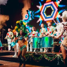 Scena z występu zespołu muzycznego i tancerzy w barwnych strojach karnawałowych, z efektami dymu i podświetleniem LED.