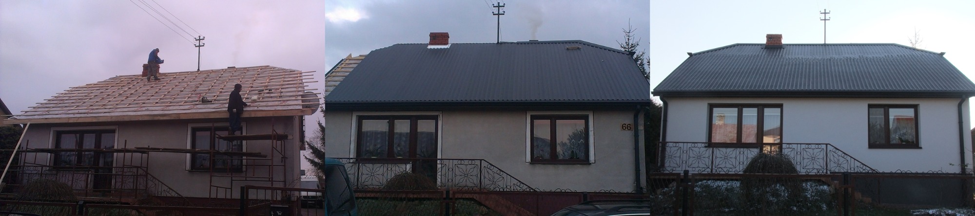 Porównanie trzech etapów prac na dachu domu: więźba dachowa z łatami, dach pokryty blachą trapezową z kominem, oraz gotowy budynek z nowym dachem i elewacją.