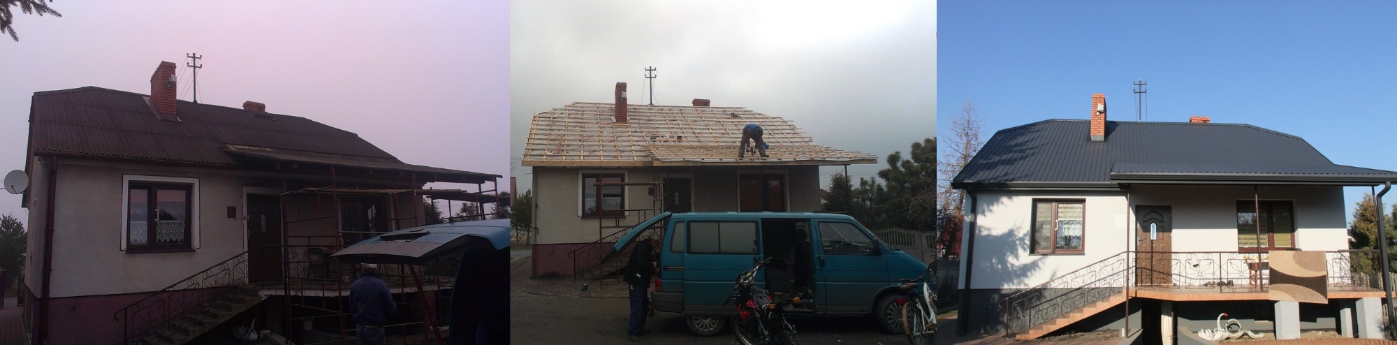 Trzy etapy remontu dachu domu jednorodzinnego w Białej Podlaskiej: stary dach z eternitu, konstrukcja więźby dachowej przed położeniem nowego pokrycia oraz nowy, ciemnoszary dach z blachy...