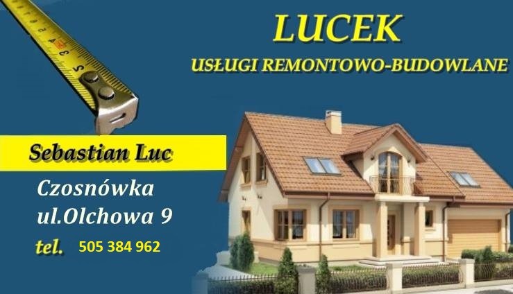 Wizytówka firmy remontowo-budowlanej Lucek z adresem i numerem telefonu, na tle grafika domu z brązowym dachem i zwisającą miarką.