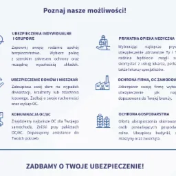 Grafika informacyjna prezentująca ofertę różnych rodzajów ubezpieczeń, w tym ubezpieczenia indywidualne i grupowe, domów i mieszkań, komunikacyjne OC/AC, prywatną opiekę medyczną, ochronę firmy OC...