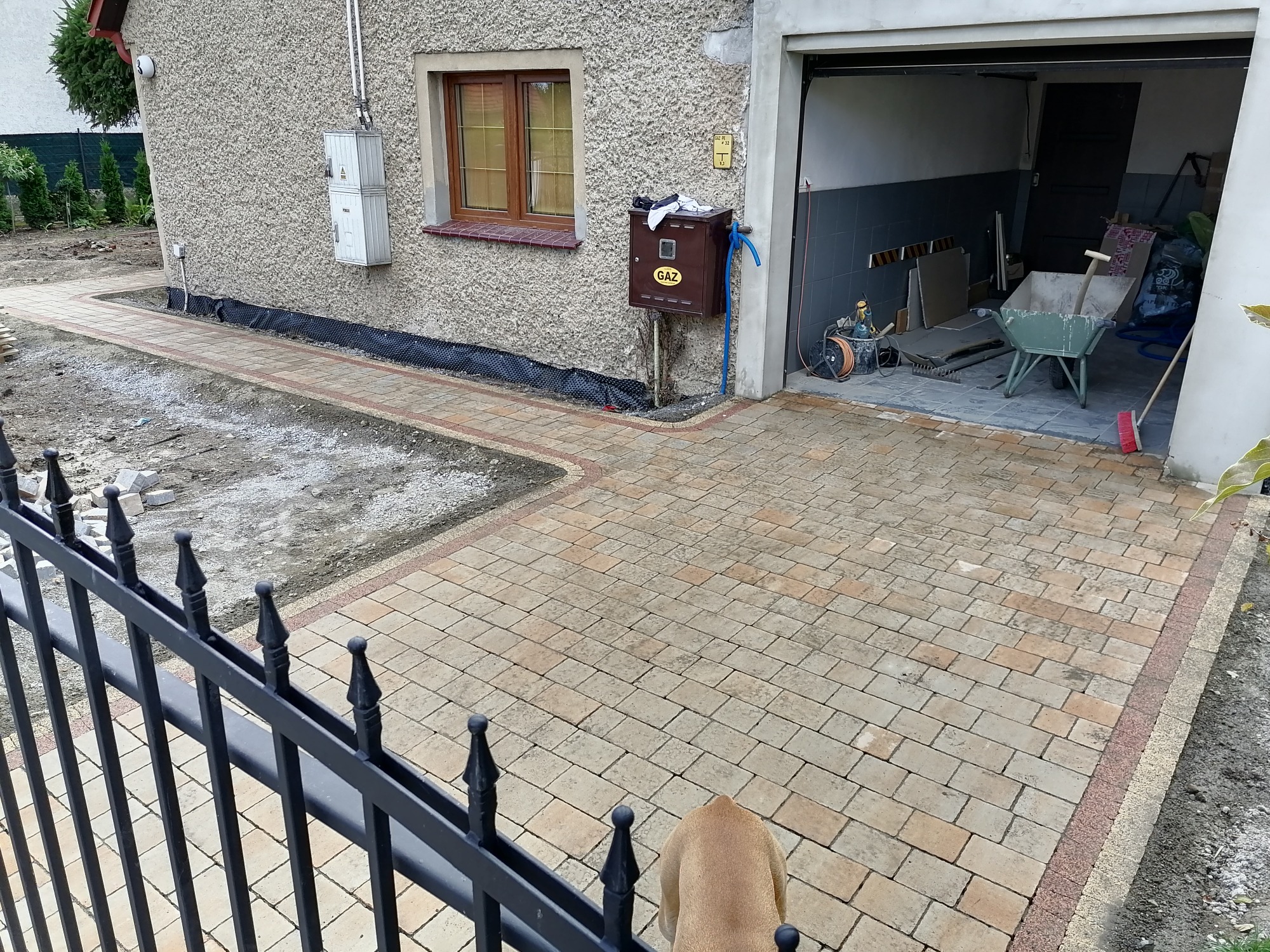 Nowo ułożona kostka brukowa przed domem, z widocznym fragmentem czarnego ogrodzenia i głową psa w kadrze, prowadząca do otwartego garażu z taczką i narzędziami w środku.