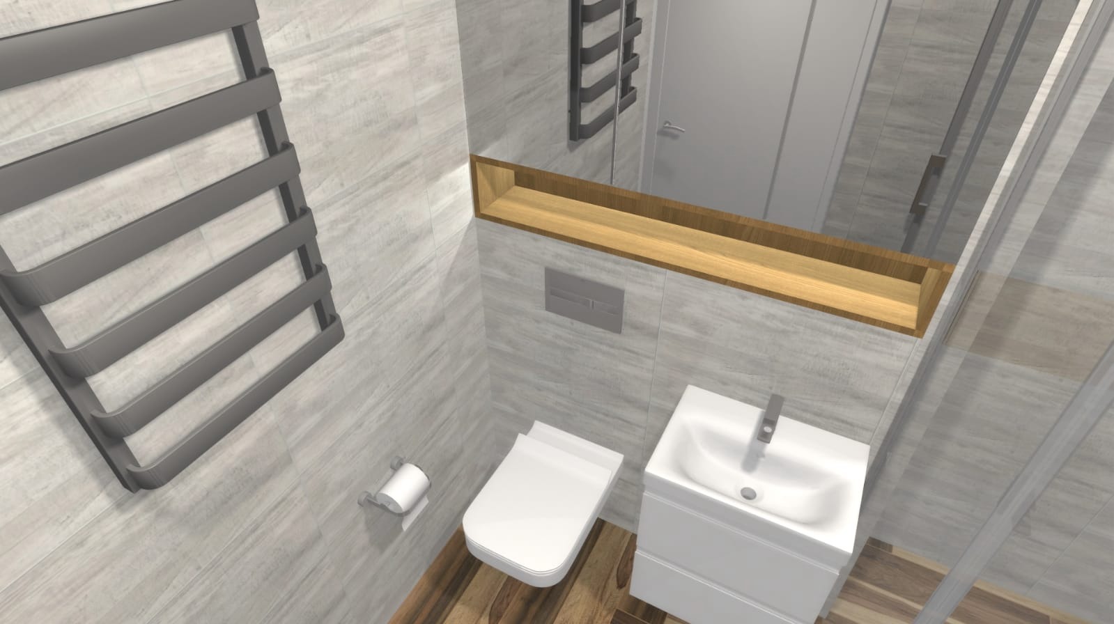Wizualizacja łazienki z szarymi płytkami imitującymi marmur, drewnopodobną podłogą, białym kompaktem WC, umywalką z szafką, grzejnikiem drabinkowym i lustrem z drewnianą półką.