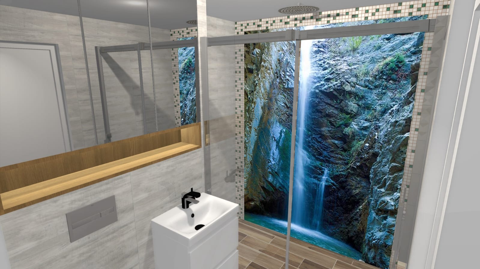 Wizualizacja łazienki z kabiną prysznicową z fototapetą imitującą wodospad, biała umywalka z czarną baterią, drewniana półka i szara płytka imitująca kamień.