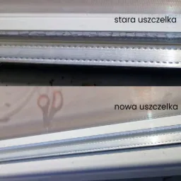 Porównanie starej, zużytej uszczelki okiennej z nową, zamontowaną uszczelką, z widocznym logo firmy Velum w tle.