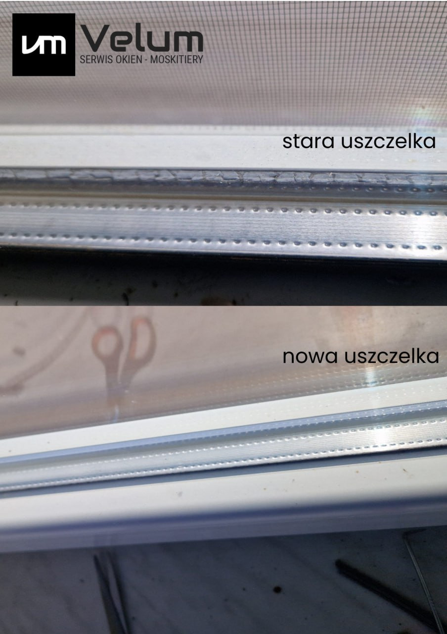 Porównanie starej, zużytej uszczelki okiennej z nową, zamontowaną uszczelką, z widocznym logo firmy Velum w tle.