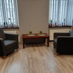 Gabinety Psychoterapii ARIADNA Katowice Opolska - Pokój z dwoma szarymi fotelami i drewnianym stolikiem kawowym, na którym stoją dwie małe rośliny w złotych doniczkach. W tle okna z białymi żaluzjami i roślinami na parapetach.