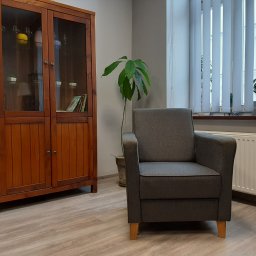Gabinety Psychoterapii ARIADNA Katowice Opolska - Wnętrze gabinetu z drewnianą witryną, szarym fotelem i rośliną doniczkową przy oknie z białymi żaluzjami.