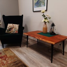 Gabinety Psychoterapii ARIADNA Katowice Opolska - Pokój z ciemnozielonym fotelem z poduszką z motywem ptaka, drewnianym stolikiem z kwiatami w wazonie i lampą naftową, dywanem w odcieniach beżu i brązu oraz obrazem na ścianie.