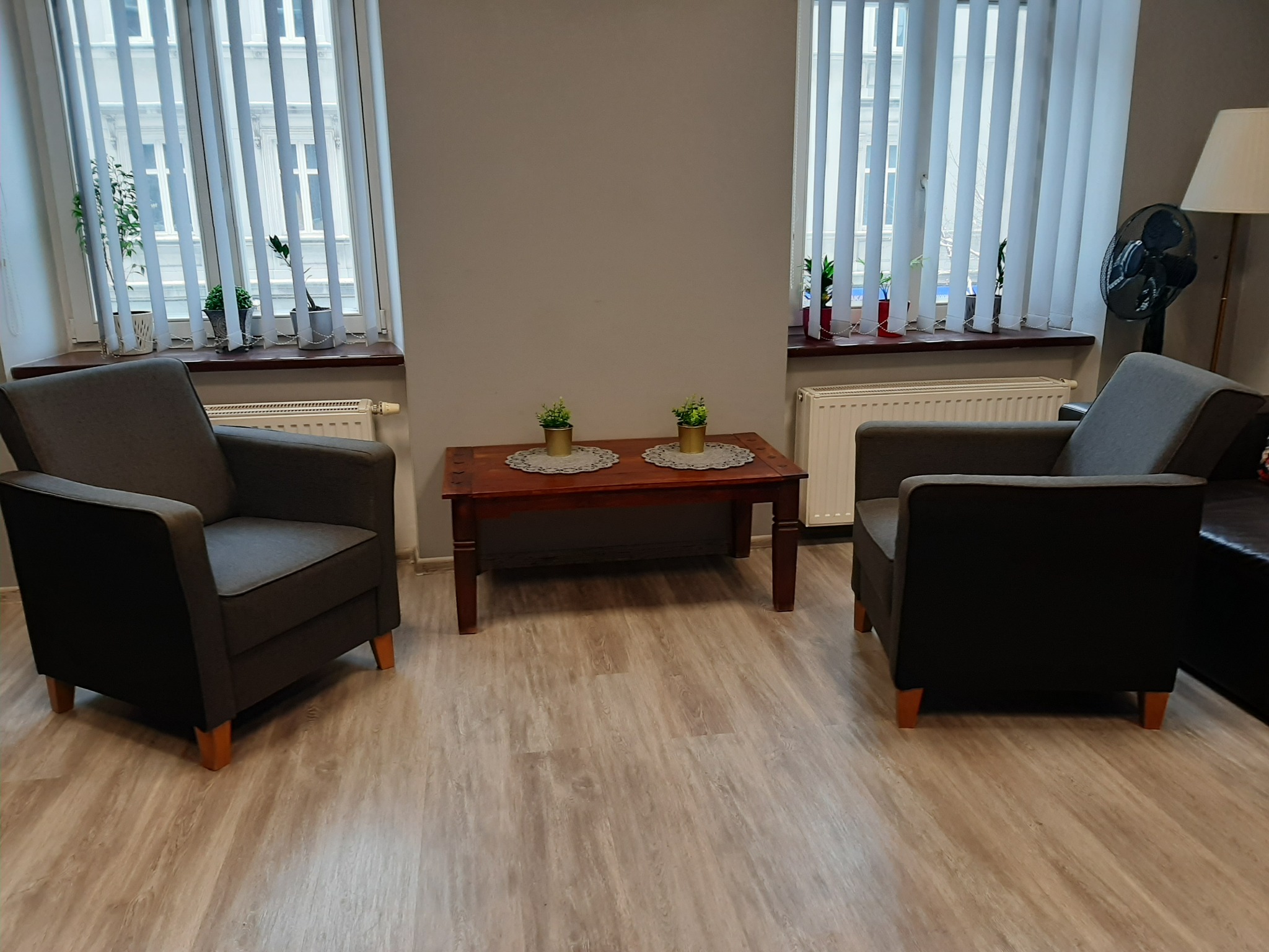 Pokój z dwoma szarymi fotelami i drewnianym stolikiem kawowym, na którym stoją dwie małe rośliny w złotych doniczkach. W tle okna z białymi żaluzjami i roślinami na parapetach.