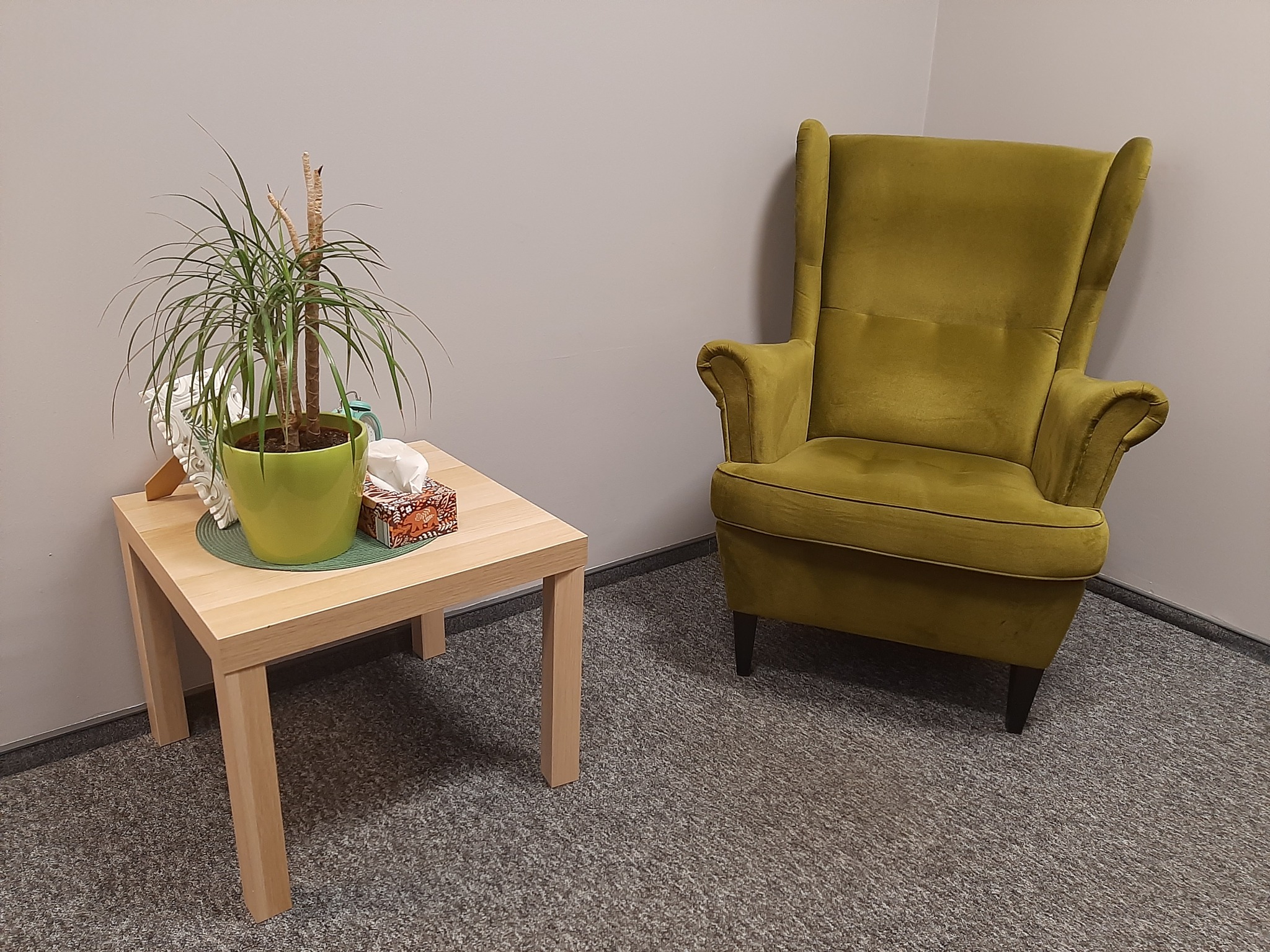 Pokój z zielonym fotelem typu uszak, stolikiem z doniczką i chusteczkami, neutralne ściany i dywan w odcieniach szarości.