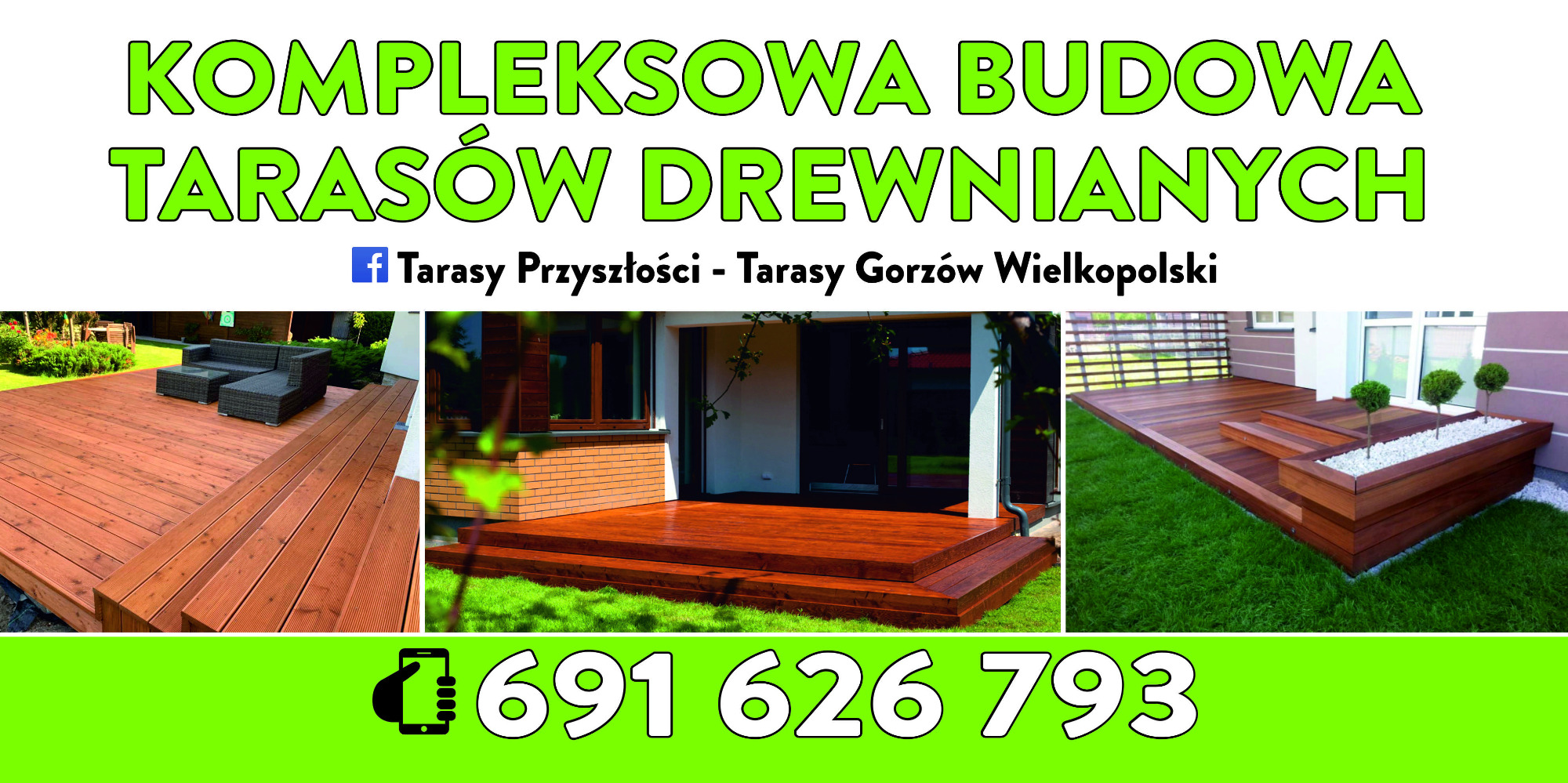 Kompleksowa budowa zrealizowana w Gorzowie Wielkopolskim: trzy ujęcia drewnianych tarasów z meblami ogrodowymi, schodami i donicami z roślinami ozdobnymi, numer telefonu kontaktowego.