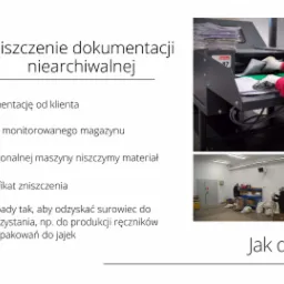 Schemat działania firmy: niszczarka dokumentów w akcji, pracownik transportuje karton z dokumentami na wózku, widok magazynu z pracownikami pakującymi worki.